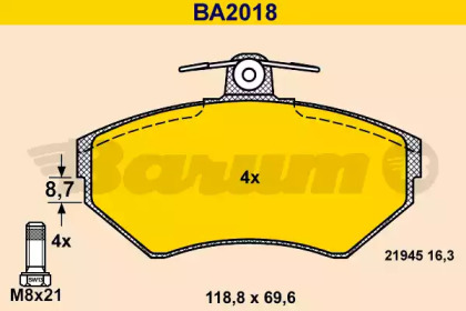 Комплект тормозных колодок, дисковый тормоз BARUM BA2018