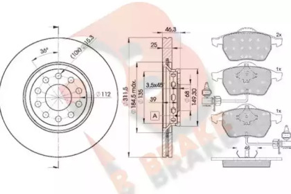 Комплект тормозов, дисковый тормозной механизм R BRAKE 3R13624065